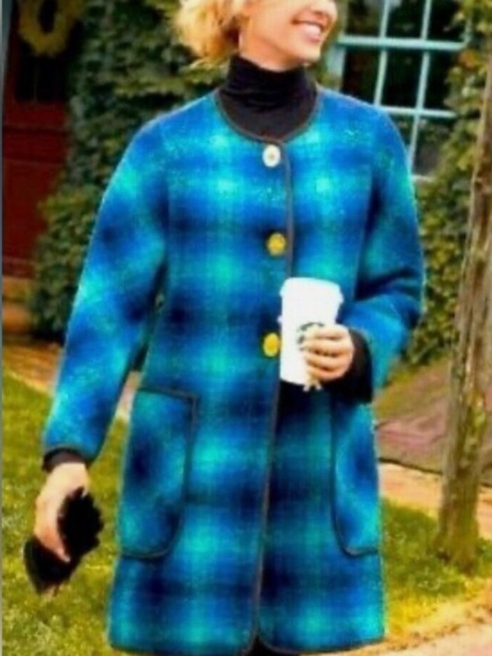 Soft Surroundings Blue Bouclé Plaid Longline Coat Metal Toggle XS EUC